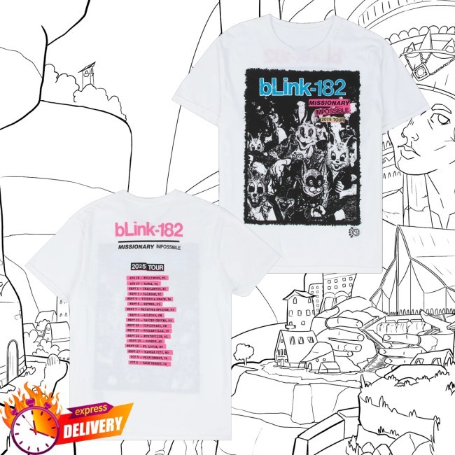 Official Blink 182 Merch Missionary Impossible Tour White T-Shirt Blink 182 Merch Missionary Impossible Tour White T-Shirt