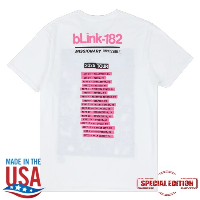 Official Blink 182 Merch Missionary Impossible Tour White T-Shirt Official Blink 182 Merch Missionary Impossible Tour White Tee Shirt