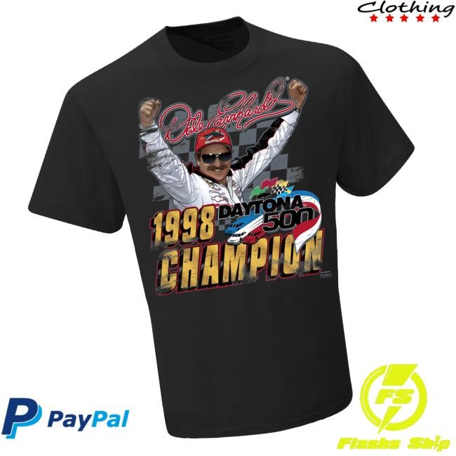 Nascar Merch Store Men's Dale Earnhardt Checkered Flag Black 1998 Daytona 500 Champion Legend T-Shirt